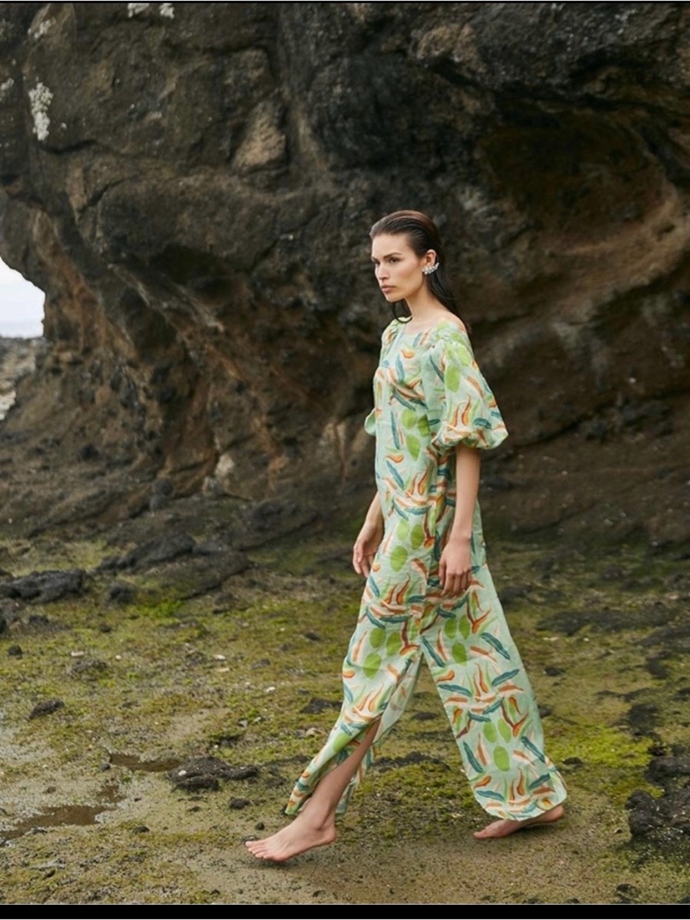 Women's Puff-Sleeve Maxi Dress in Multi Leaf Print